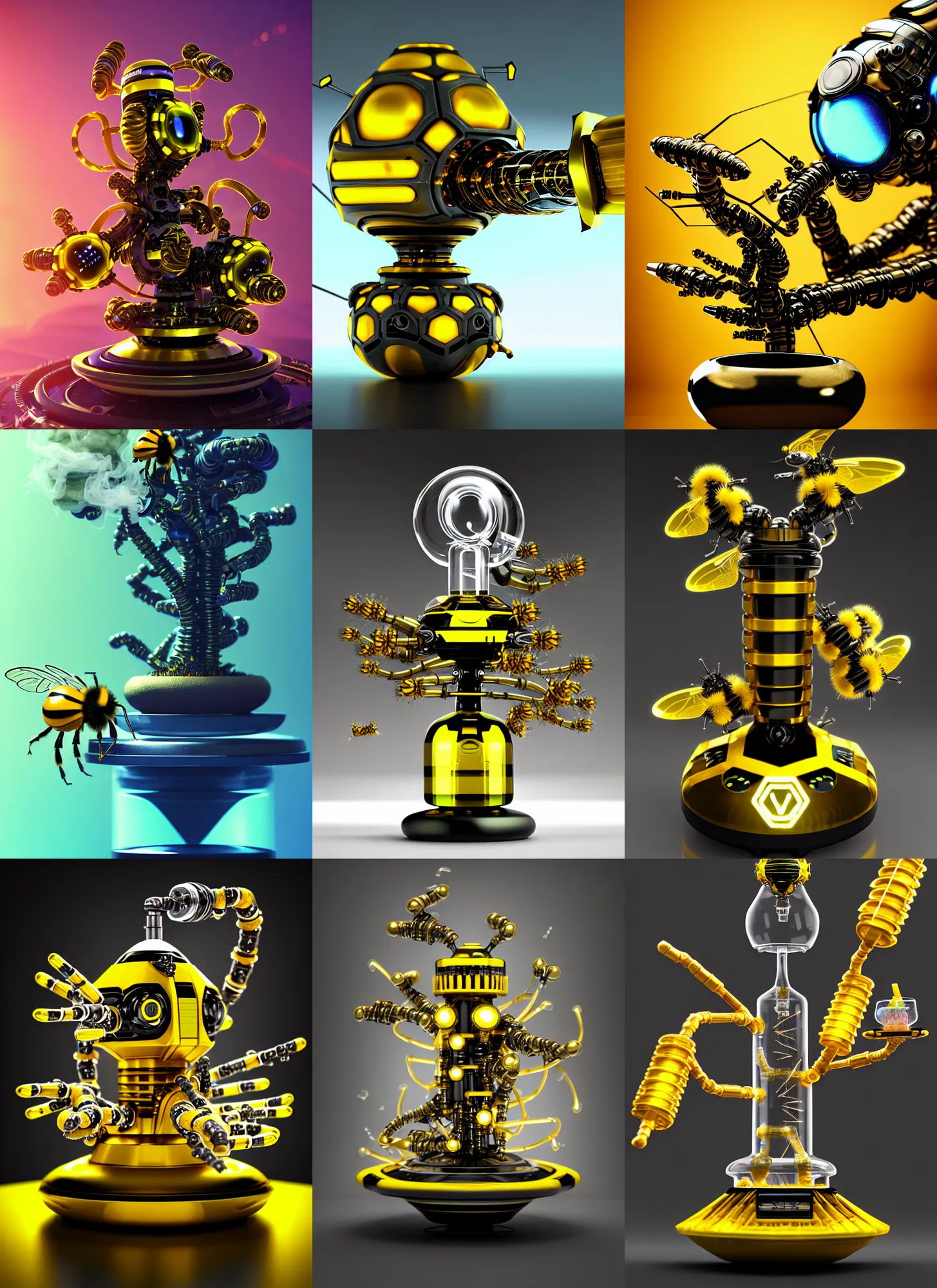 Prompt: cybernetic biotech galactic bumblebee edm machine smoking bonsai bong | exotic jewelry | glamorous oily soft polished rich ornate modern | weta disney pixar movie still photo | hi - fructose, sci fi fantasy, golden ratio, smooth, octane render, sharp focus, artstation, concept art | beeple, mucha, rutkowski, feng zhu |