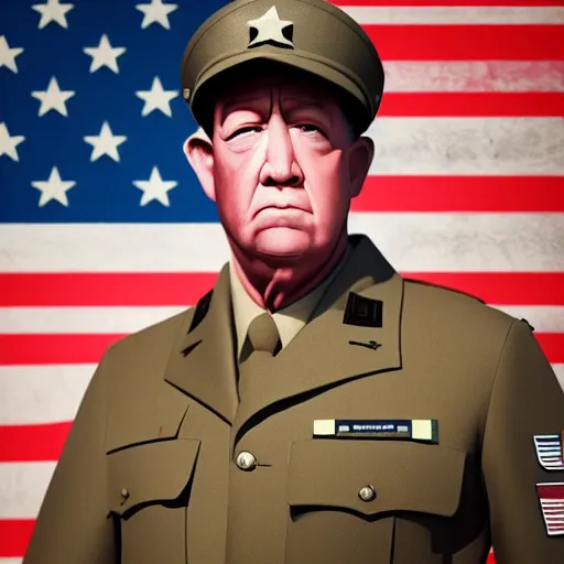 Image similar to general patton but as john krasinski standing in front of american flag, perfect face, sharp focus, illustration, octane render