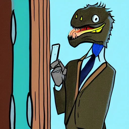 Image similar to a detailed illustration of an anthropomorpich velciraptor wearing a suit and talk with a phone