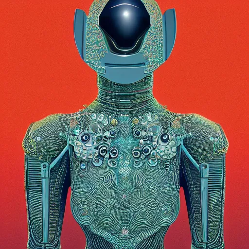 Image similar to portrait of the mysterious organic robot, vogue cover, vogue poses, beautiful futuristic ornamental cape, intricate, highly detailed, masterful, in the style of moebius, akira toriyama, jean giraud, 8 k