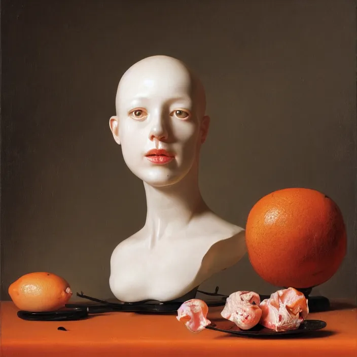 Prompt: still life painting of a melting glossy pink mannequin head, by pieter claesz, oil on canvas, strong lighting, highly detailed, peeled orange, dragon fruit, hyper realism, golden hour, god rays, hd, 4 k