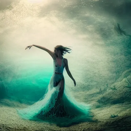 Prompt: woman dancing underwater wearing a flowing dress made of many translucent layers of silver and gold lace seaweed, hints of green and purple, delicate coral sea bottom, swirling silver fish, swirling smoke shapes, unreal engine, caustics lighting from above, cinematic, hyperdetailed