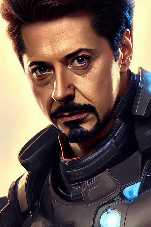 Image similar to volodymyr zelensky as tony stark, portrait, iron man, highly detailed, digital painting, artstation, concept art, smooth, sharp focus, illustration, cinematic lighting, art by artgerm and greg rutkowski and alphonse mucha