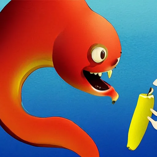 Image similar to a banana fighting an apple in the deep sea