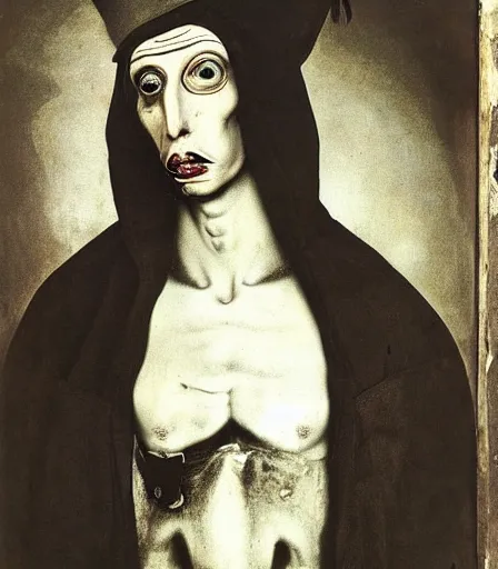 Image similar to portrait of marilyn manson by joel peter witkin and hieronymus bosch, high quality, high detail