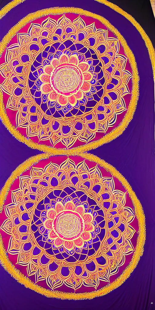 Image similar to a very intricate huge lotus mandala half painted on silk, shot by 5 0 mm f 2