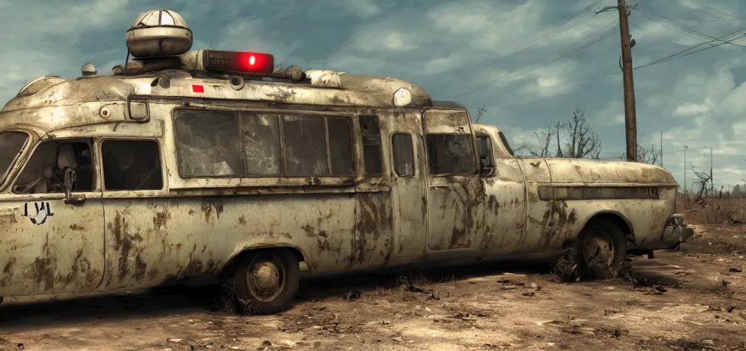 Prompt: fallout ambulance, 8 k photorealistic, hd, high details, trending on artstation