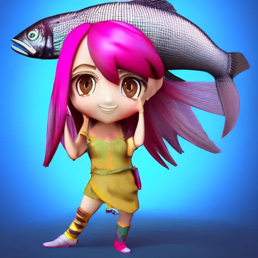 Prompt: a digital painting of a girl with a fish on her head, chibi, by antonio mello, 3 d nft, nendoroid 3 d, cyberpunk artm, cgsociety, seapunk, anime aesthetic, rendered in maya