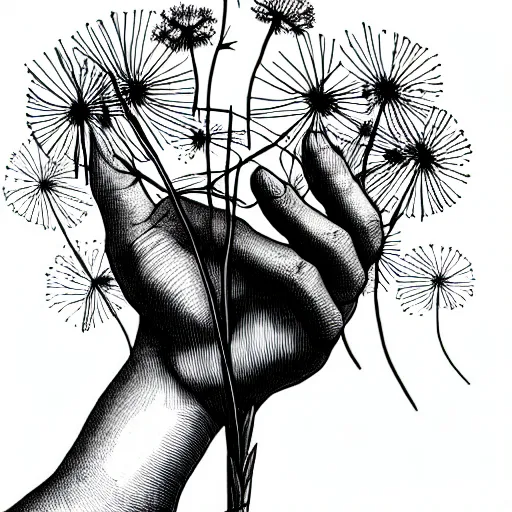 Prompt: a hand with dandelions growing out of it, pen and ink style