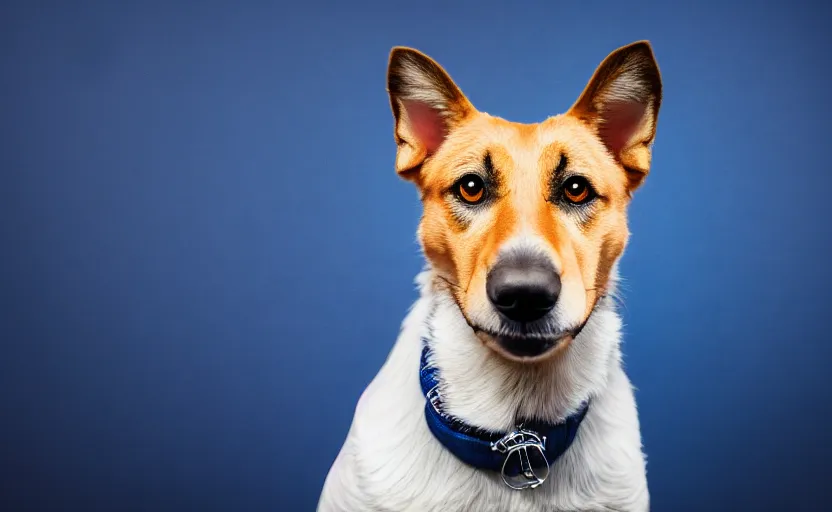 Image similar to studio photography portrait of a dog on dark blue background, rim light, beautiful lighting, 8 k