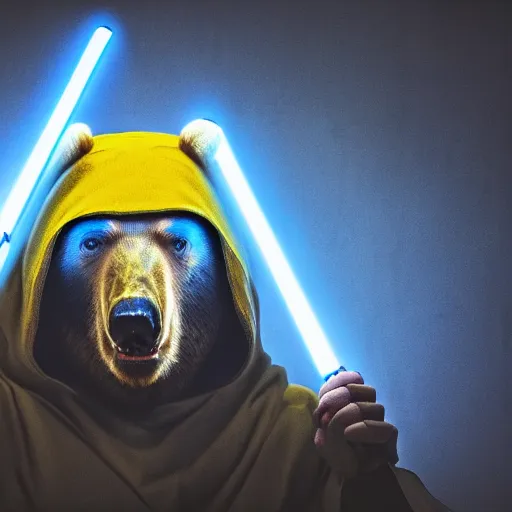 Image similar to portrait photo of bear as a jedi, blue and yellow lighting, dark, cinematic, high quality, 4 k