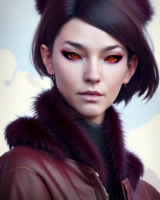 Image similar to dragon hunter wearing a fur - lined dragonhide jacket!!! beautiful and elegant female!! symmetry, character concept art, sharp focus, illustration, artgerm!! greg rutkowski! wlop!! ilya kuvshinov!! charlie bowater! octane render! unreal engine 5! highly rendered!! trending on artstation!!!