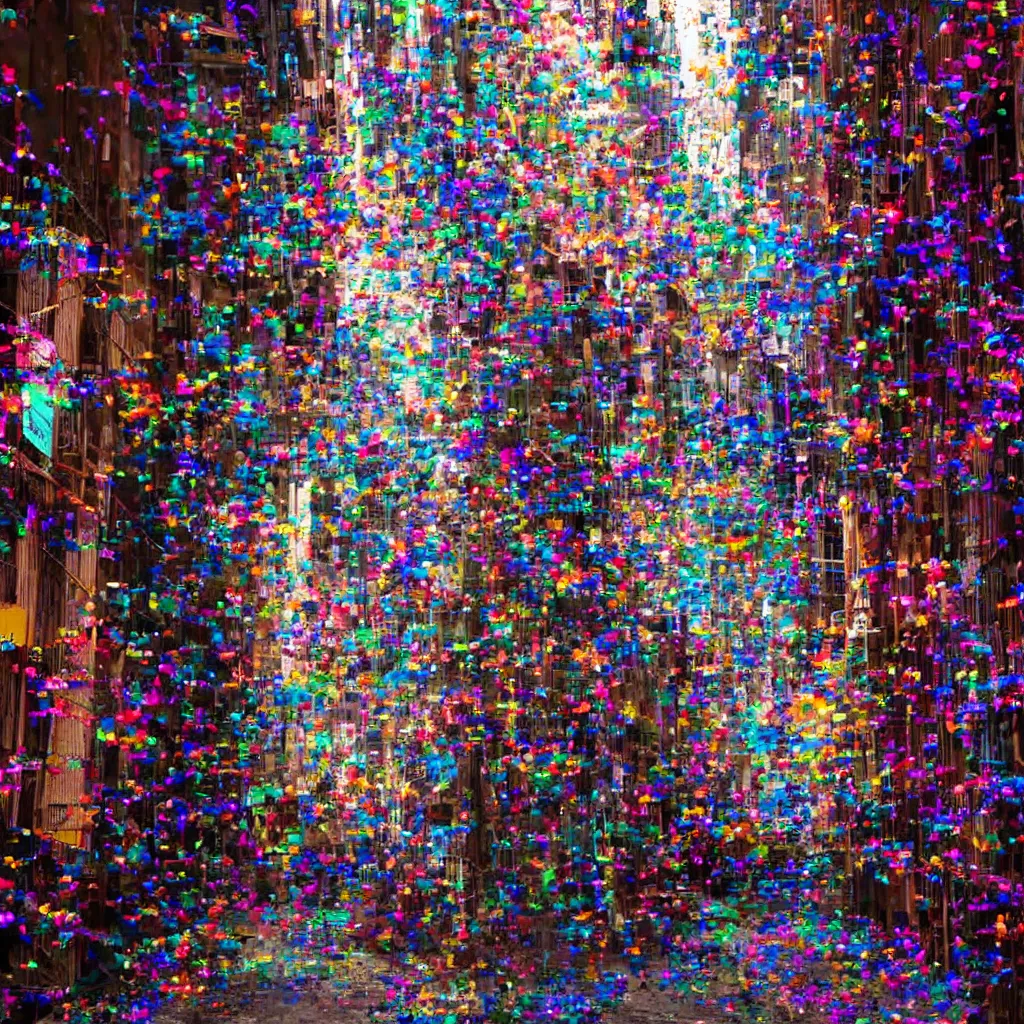 Prompt: a few thin streams of microscopic multi-colored glitter twist and twirl in a light breeze above the narrow streets of a cyberpunk city