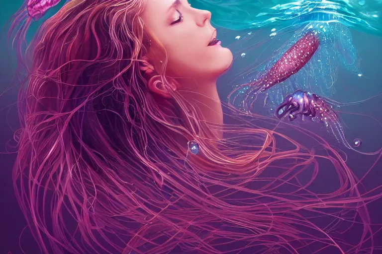 Image similar to full portrait of woman in deep water jellyfish swimming around her, elegant, highly detailed, smooth, sharp focus, trippy, dmt, psychedelic, illustration, beautiful, geometric, trending on artstation, cinematic, artwork by WLOP