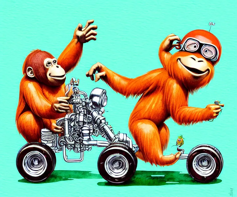 Image similar to cute and funny, orangutan wearing a helmet riding in a tiny hot rod with oversized engine, ratfink style by ed roth, centered award winning watercolor pen illustration, isometric illustration by chihiro iwasaki, edited by range murata, tiny details by artgerm, symmetrically isometrically centered