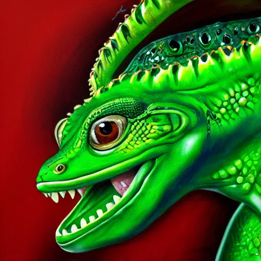 Prompt: zoey deschanel as a smiling laughing bright green lizard person, airbrush painting, hyper detailed, 8 k, photorealism, rule of thirds,.