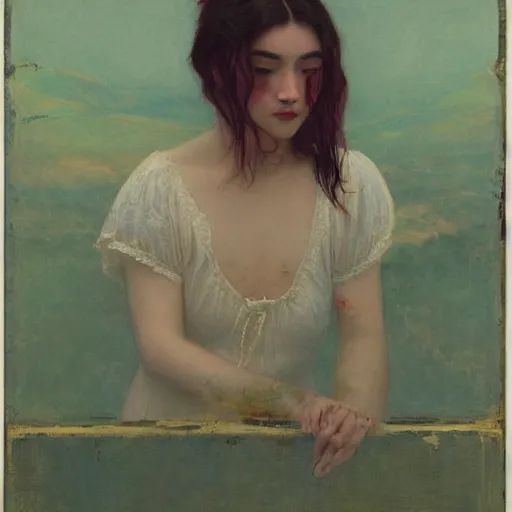 Image similar to painting by frederic edwin church, balaskas christoper, conrad roset, coby whitmore, and chie yoshii. of a beautiful girl sitting on a stool facing away from viewer in bungalow