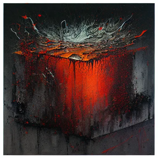 Image similar to a smooth grey cube being covered by extremely detailed splatters of abstract paint, engulfed in flames in the style of, pascal blanche, surreal, beksinski, high detailed