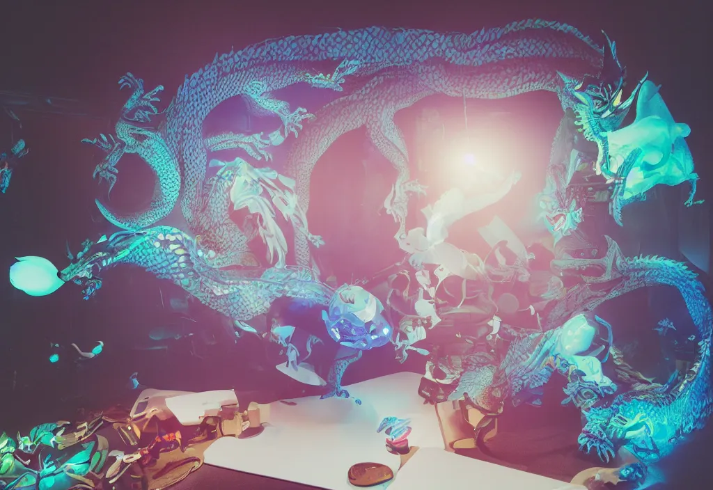 Image similar to 3 d dragon popping out of curved movie, volumetric lighting, bedroom, visor, users, pair of keycards on table, bokeh, creterion collection, shot on 7 0 mm, instax