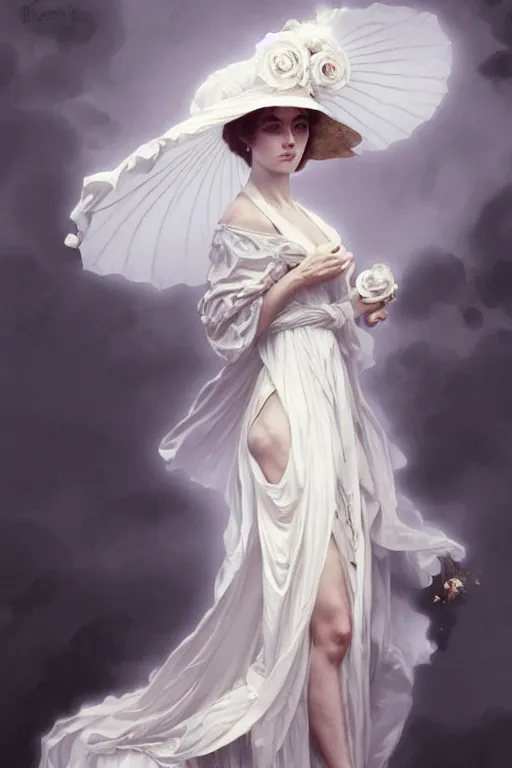 Image similar to woman dressed in a vaporous wrapped large victorian white roses silk dress fashion, D&D, fantasy, intricate, elegant, highly detailed, digital painting, artstation, concept art, matte, sharp focus, illustration, art by Artgerm and Greg Rutkowski and Alphonse Mucha