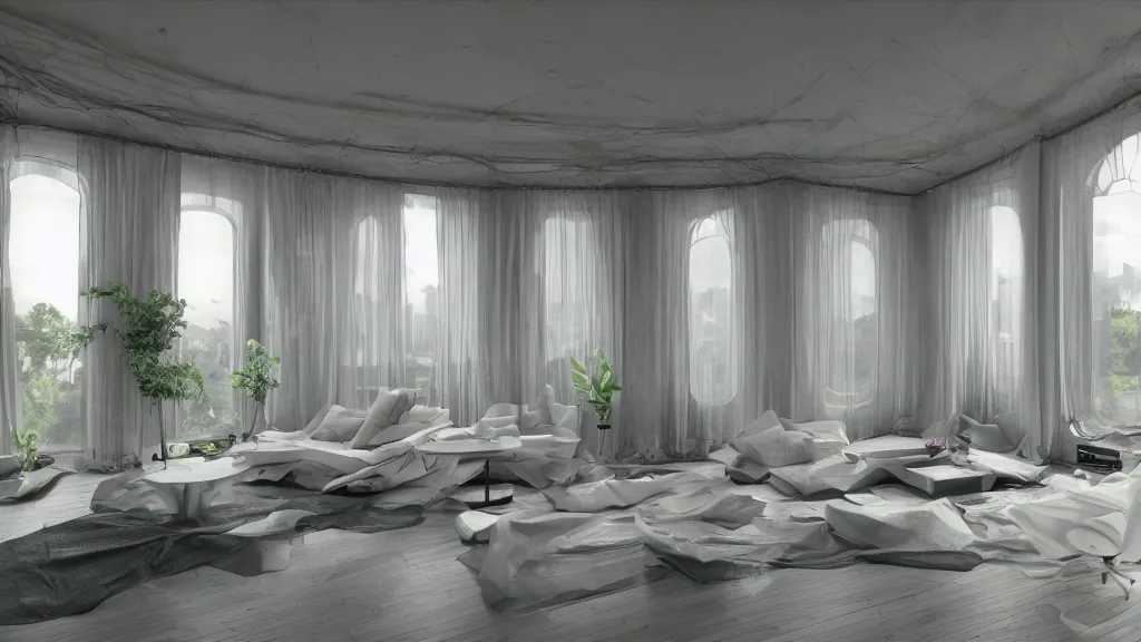 Image similar to a wide angle, utopian dreamy retrofuturistic living room, wabi - sabi, white smooth plastic walls, windows to foggy garden by vincent callebaut and james jean and nikita replyanski and mark ryden, vray render 4 k