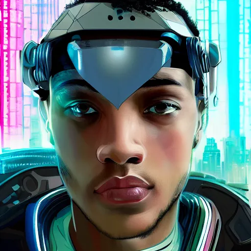 Prompt: in the style of max prentice a portrait of a young and charismatic mixed race man wearing a cyberpunk headpiece, surrounded by futuristic devices, highly detailed