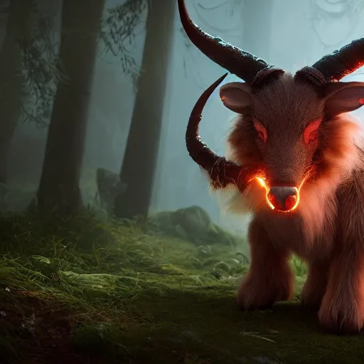 Prompt: ultrarealistic creature fluffy animal with horns and short legs and arms and red eyes, forest scene, octane render, highly detailed, cinematic lightning, epic fantasy style art