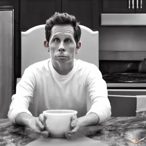 Prompt: dennis reynolds, sitting on a throne in a kitchen, cinematic style