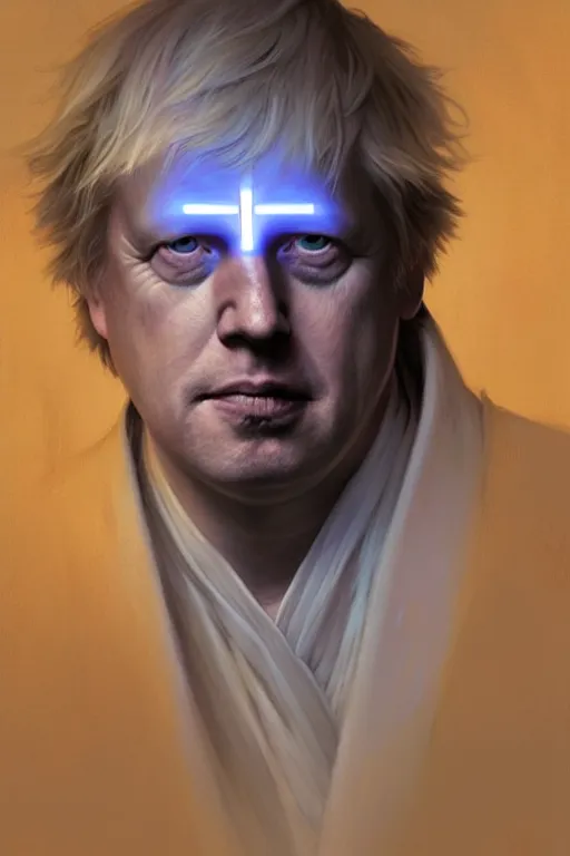 Prompt: Boris Johnson as Jedi, realistic portrait, symmetrical, highly detailed, digital painting, artstation, concept art, smooth, sharp focus, illustration, cinematic lighting, art by artgerm and greg rutkowski and alphonse mucha