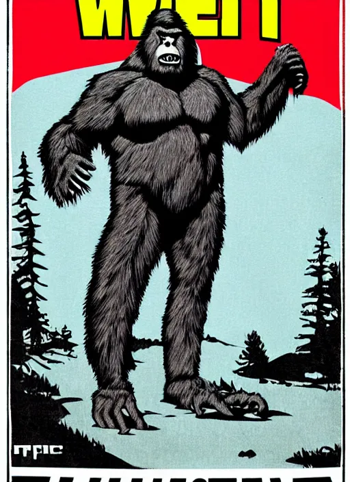 Image similar to bigfoot in retro sci fi pulp newsprint illustration cover