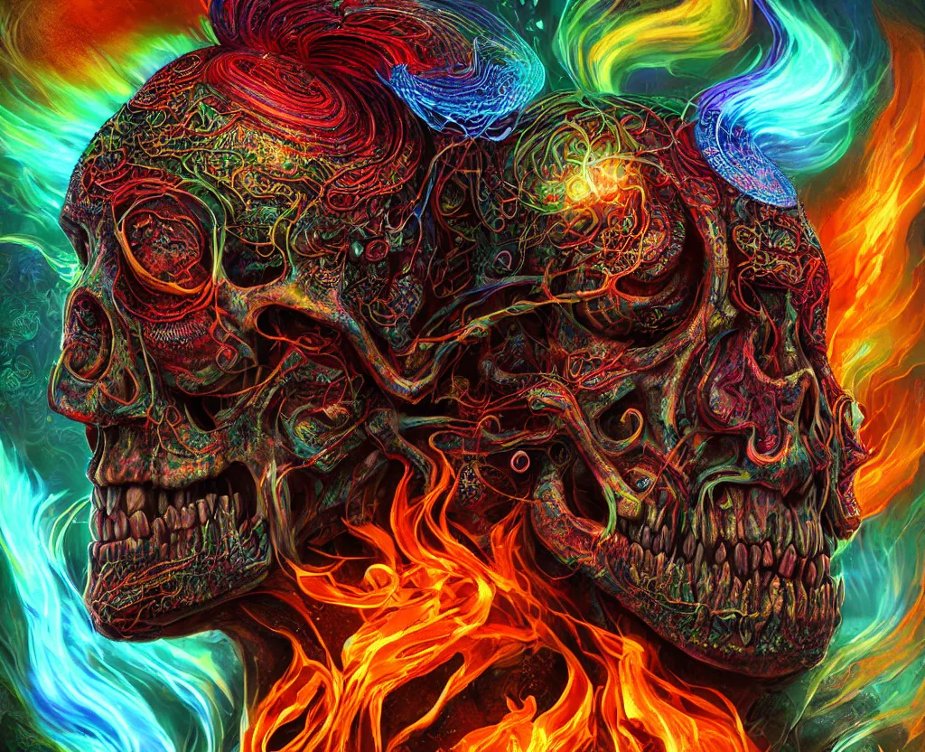 Image similar to psychedelic shaman close-up portrait. amanita muscaria phoenix head, nautilus, insect, skull, ice and fire, bioluminiscent creatures, intricate artwork by Tooth Wu and wlop and beeple. octane render, trending on artstation, greg rutkowski very coherent symmetrical artwork. cinematic, hyper realism, high detail, octane render, 8k