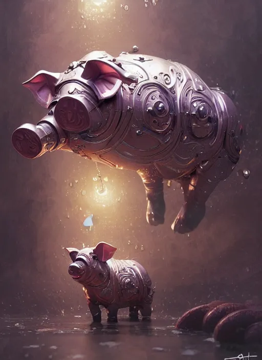 Prompt: robotic pig, d & d, wet, shiny, fantasy, intricate, elegant, extremely higly detailed, ultra definition, digital painting, artstation, baroque, concept art, smooth, sharp focus, illustration, art by artgerm and greg rutkowski and alphonse mucha