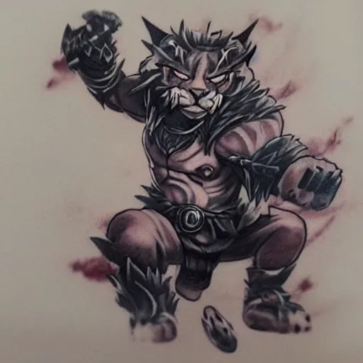 Prompt: a tatoo of rengar from league of legends,