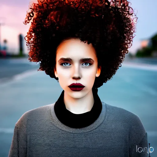 Prompt: a girl with curly blown hair standing in the streets at dusk, symmetrical face, focused, beautiful, vfx, photo realistic, 8 k, aesthetic, black clothes