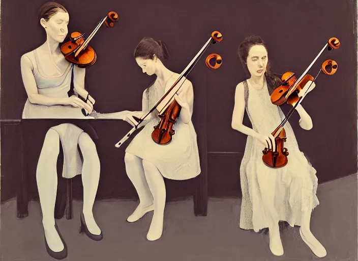 Prompt: portrait of two sister violin players getting ready to perform looking, half figure front, francis bacon and pat steir and petra cortright and james jean, psychological, photorealistic, intriguing details, rendered in octane, altermodern