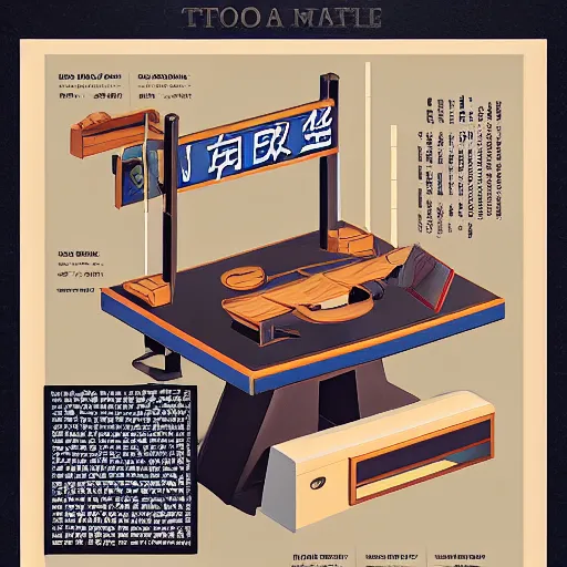 Prompt: porta 4 0 0 golden isometric projection graphic design poster of a saw table inspired by chinse propaganda posters