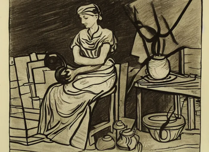 Image similar to abstract stylized pen and ink drawing on white paper of a woman sitting at a pottery wheel working on a vase, john singer sargent, van gogh, miro, vermeer