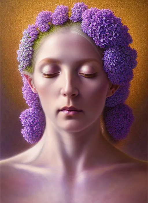 Image similar to a lilac hair beautiful goddess of light, colourful hydrangeas flowers, soft roses, and dried petals, painterly, emotionally evoking methaphoric, and ornamental, intricate and elegant, highly detailed photorealistic painting, decorative lines, sharp focus, golden ratio, by tomasz alen kopera and zdzisław beksinski,