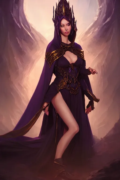 Prompt: Fantasy portrait, Necromancer, female, gorgeous, beautiful face, dark garments, dark pruple robes, gold bracelet, Black cloak from neck to ankles, pin-up, shapely toned derriere, matte painting, by WLOP, artstation