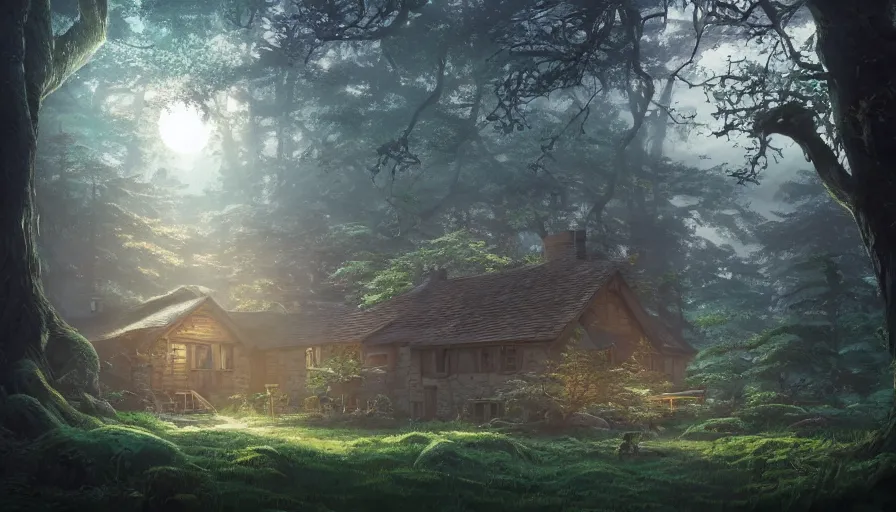 Image similar to A highly detailed matte painting of cottage in a dark forest, by Studio Ghibli, Makoto Shinkai, by Artgerm, by beeple, by Greg Rutkowski, volumetric lighting, octane render, 4K resolution, trending on artstation, masterpiece