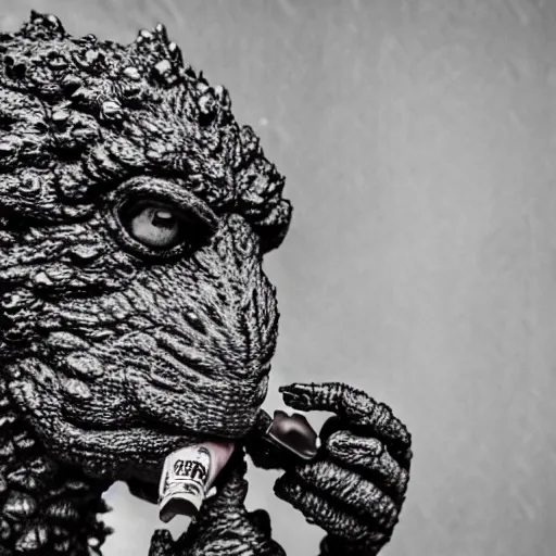 Image similar to anthropomorphic godzilla smoking a joint, 5 5 mm