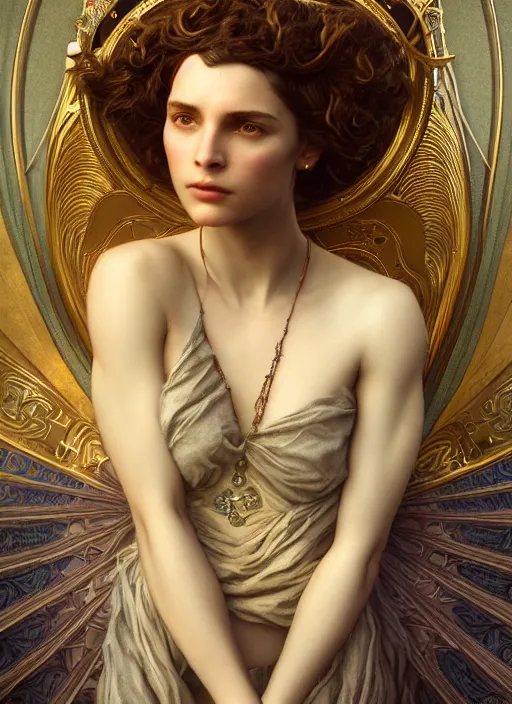 Prompt: highly detailed vfx portrait of natali portman as statue, stephen bliss, unreal engine, chrome reflect, tom bagshaw, alphonse mucha, global illumination, detailed and intricate environment