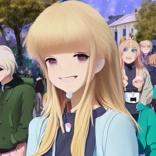 Image similar to blonde - haired princess, anime princess, wearing black jacket and white leggings, looking through crowd, town street, festival street, trees, green trees, blue lighting, blue sunshine, strong lighting, strong shadows, vivid hues, ultra - realistic, sharp details, subsurface scattering, intricate details, hd anime, 2 0 1 9 anime