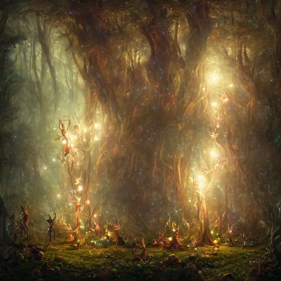 Prompt: a night carnival fairies around a magical tree, christmas lights, creatures and fantastic people disguised as fantastic creatures in a magical forest by summer night, masterpieceunderwater scene, painted by greg rutkowski and rene laloux, volumetric lightning
