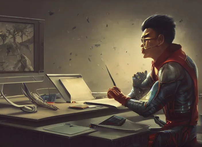 Image similar to an insanely detailed painting of an asian man wearing a homemade superhero costume, sitting at a desk, staring seriously at the computer and typing, in the style of peter mohrbacher, james jean, dramatic lighting and composition, surreal background, octane render, pixar, trending on artstation, concept art, comic book, view from behind, 8 k