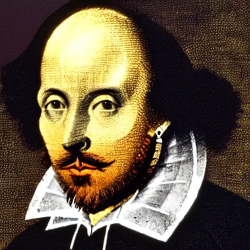 Prompt: Photo of William Shakespeare writing in a notepad