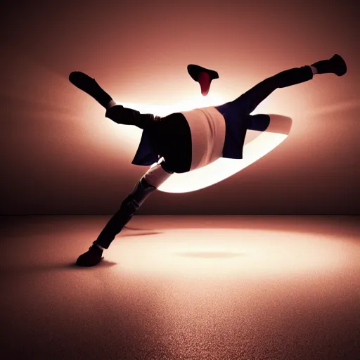 Image similar to break dancer in a shape of light , long exposure shot, cinematic view from lower angle, octane render, soft and detailed