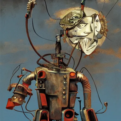 Image similar to a fullmetal wired wild robot daydreaming about theatre plays, oil con canvas by dave mckean and james jean