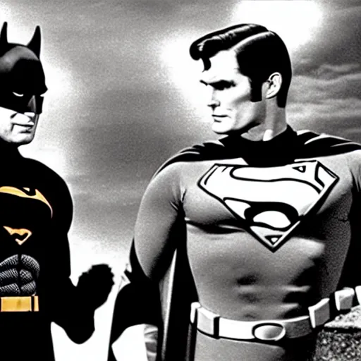 Prompt: adam west batman teams up with superman on the 1 9 6 6 batman tv show