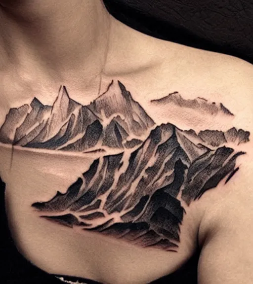 Image similar to tattoo design sketch of beautiful mountain scenery with a faded beautiful woman face, hyper - realistic, double exposure effect, in the style of matteo pasqualin, amazing detail, black and white, faded